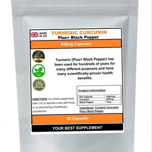May include: A white bag with a label that says "Turmeric Curcumin Plus+ Black Pepper 850mg Capsules". The label also includes product information, such as ingredients and directions for use. The bag is a supplement product.