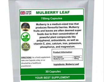 Mulberry Leaf Capsules 750mg 100% Pure (no additive) High strength