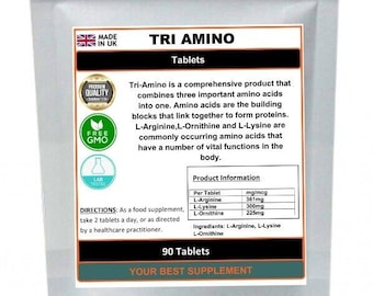 May include: A white bag with a label that says "Tri Amino Tablets". The label has a product description and a table with the ingredients and amount per tablet. The label also has a "Made in UK" logo, a "Premium Quality" logo, a "Free GMO" logo, and a "Lab Tested" logo.