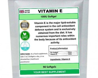 May include: A white pouch with a green label that reads "Vitamin E 100IU Softgel". The label also includes the text "Made in UK", "Premium Quality", "Free GMO", and "Lab Tested". The pouch contains 90 softgels and is labeled "Your Best Supplement".