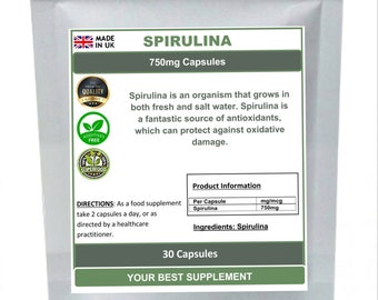 Spirulina capsules 750mg 100% Natural Detox and Cleanse