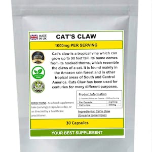 May include: A green and yellow supplement bottle with the words "Cat's Claw 1000mg Per Serving" on the front. The bottle contains 30 capsules of Cat's Claw, a tropical vine used for centuries for various purposes.