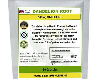 Dandelion root capsules 500mg 100% natural (high strength supplement)