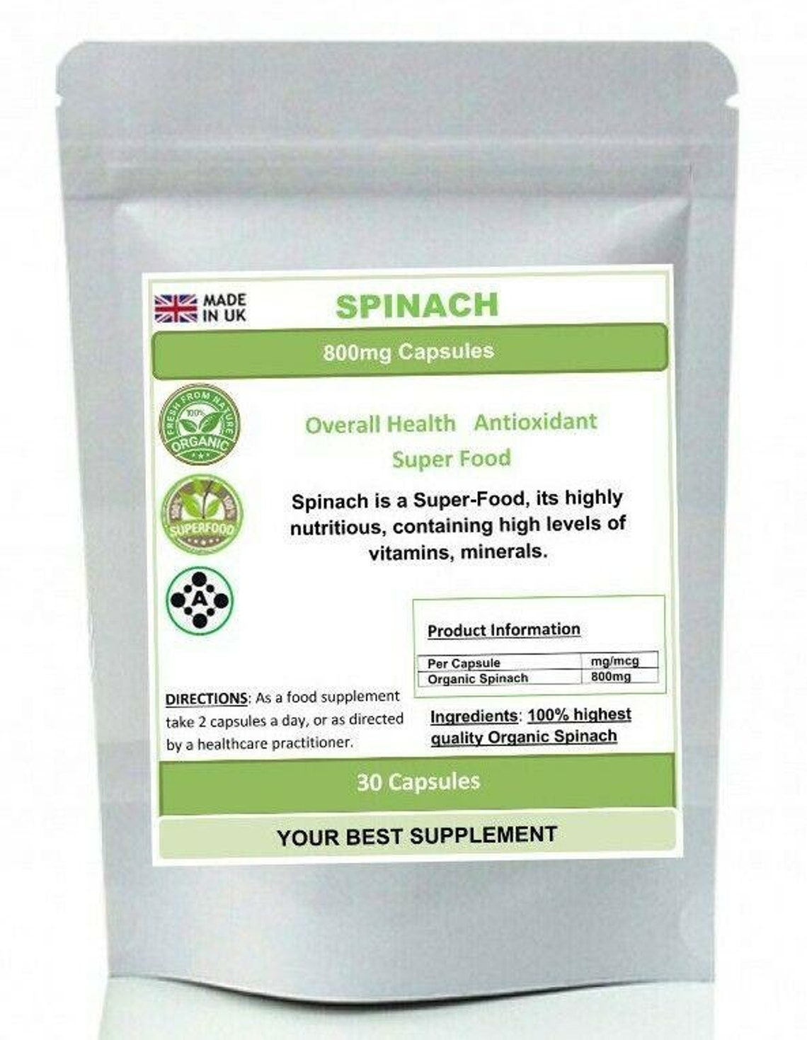Spinach 800mg Capsules 100 Organic High Strength SUPERFOOD Etsy