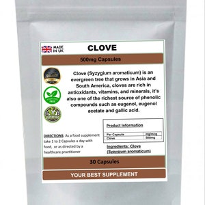 May include: A brown pouch with a white label that reads "CLOVE 500mg Capsules". The label also includes information about the product, such as the ingredients, directions for use, and product information. The pouch is made in the UK and is a supplement.