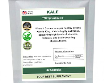 Cápsulas de col rizada de 800 mg, 100 % naturales (puras, sin aditivos ni rellenos), superalimento desintoxicante.