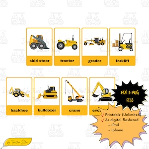 Bouwvoertuigkaart, digitale leerflashkaart voor kinderen, kant-en-klare flashkaart, flashcard-pdf, activiteit kleuterschool, activiteit kleuterschool