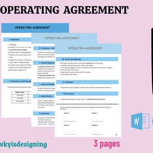 Puede incluir: Un documento azul y blanco con el título "Operating Agreement" impreso en él. El documento está dividido en secciones con encabezados como "Organización", "Contribuciones y Financiación", "Distribución, Beneficios", "Informes de los miembros", "Salarios y gastos", "Indemnización", "Disolución", "Registros e informes", "Enmienda" y "Ley aplicable".