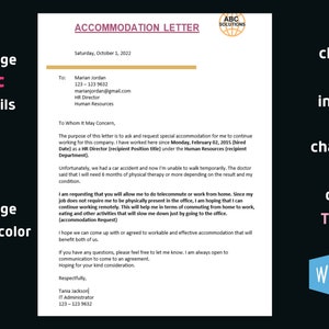 Accommodation Letter * Living Quarters - Quarters Request - HomeStay Request * Guest House Letter,Work Accommodation, Employee Accommodation, HR letter, Staff House Letter, Editable word