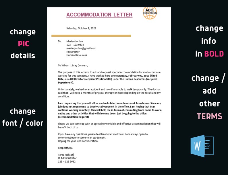 Accommodation Letter * Living Quarters - Quarters Request - HomeStay Request * Guest House Letter,Work Accommodation, Employee Accommodation, HR letter, Staff House Letter, Editable word