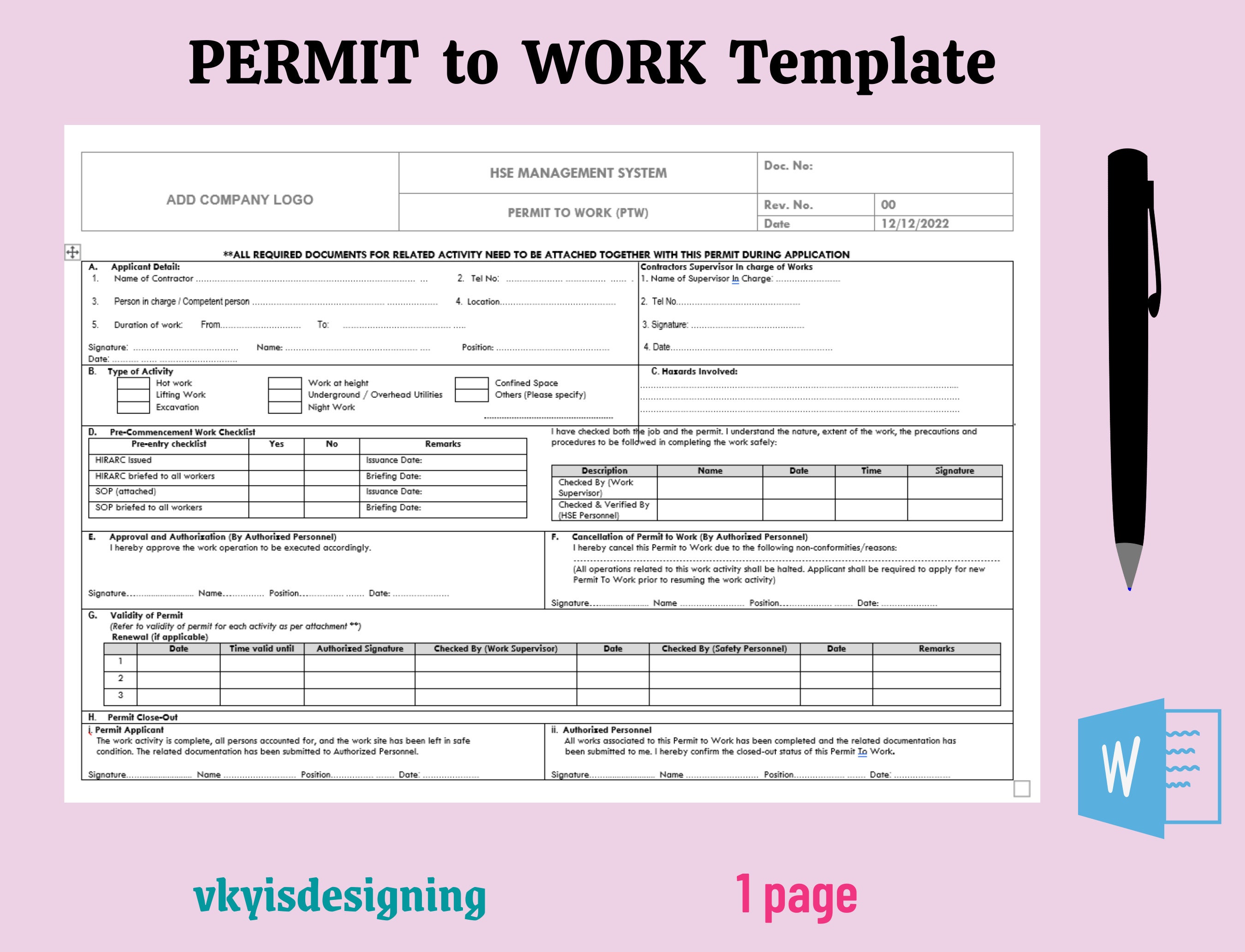 Permit To Work Template Health Safety PTW MS Word Etsy Australia