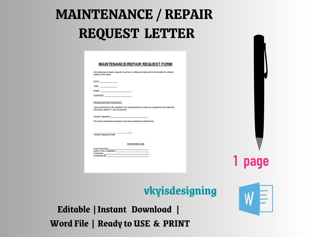 Tenant Maintenance Request Letter Template (word Template) - Etsy