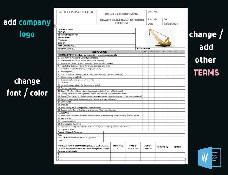 Crawler Crane Inspection Checklist Construction Checklist Crane
