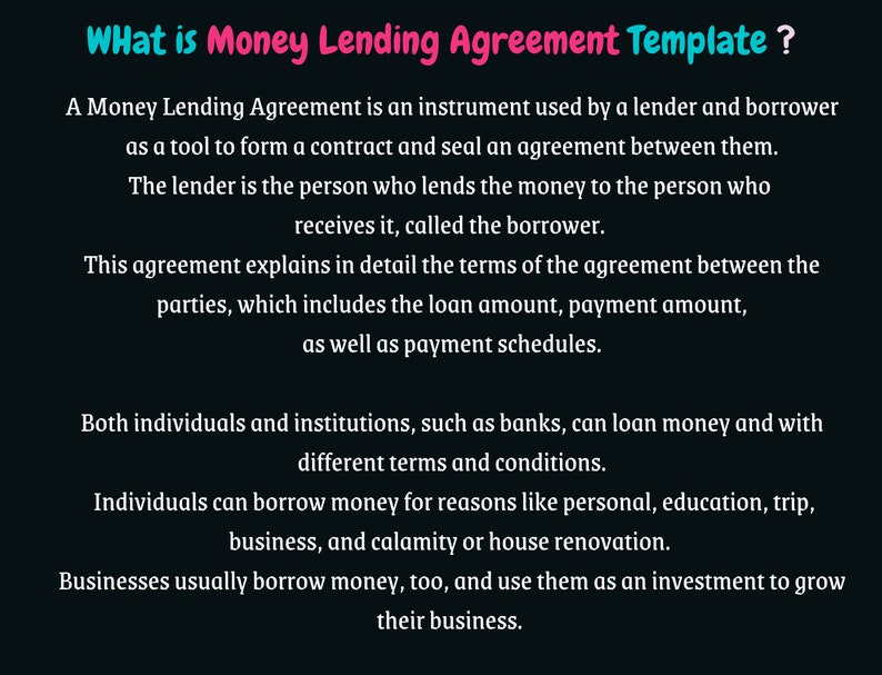 Money Lending Agreement * Money Borrow * Money Lender - Money Borrower * Loan Contract * Finance Contract * Bank Lender - Business Borrower