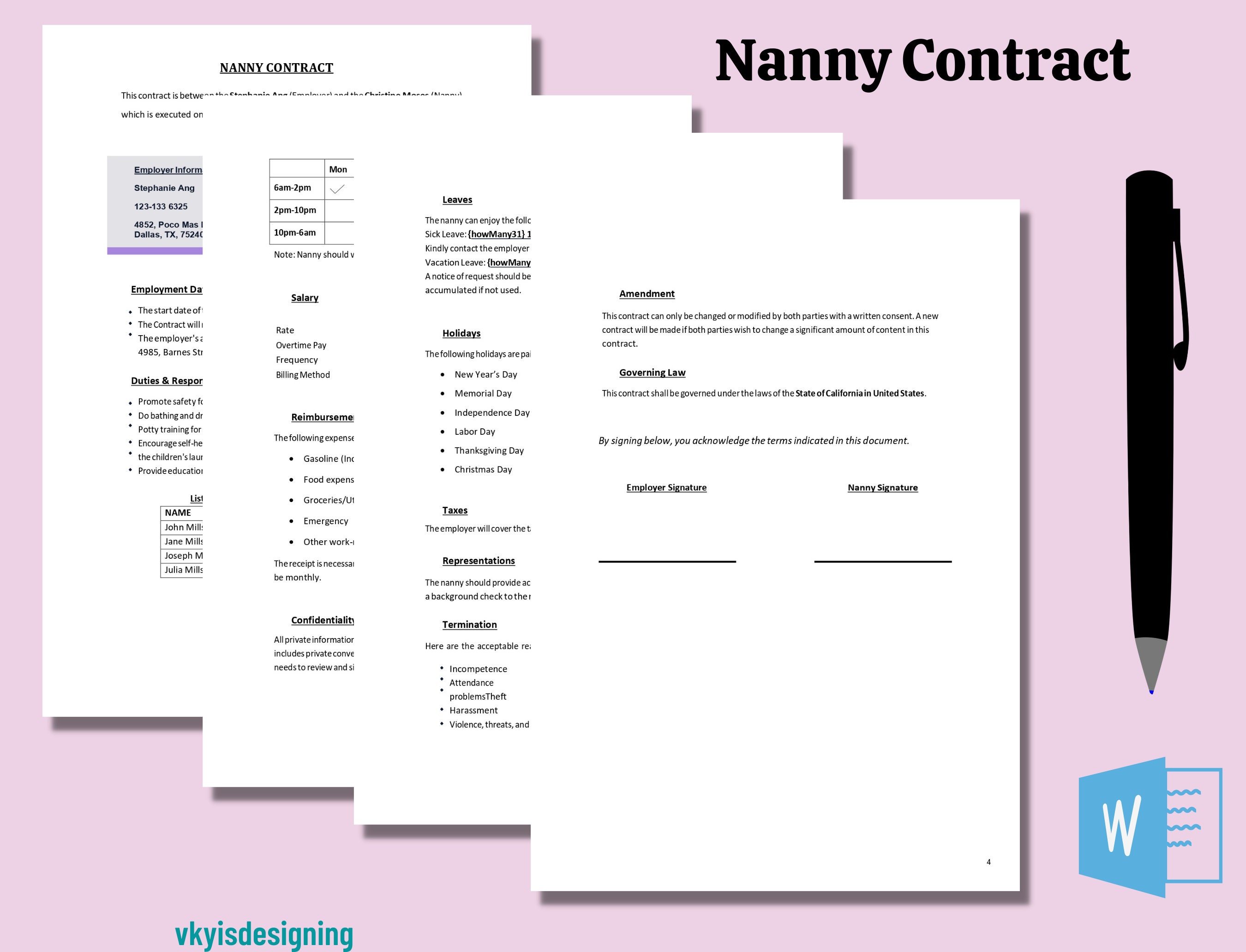 Contrat de nounou Contrat de garde de bébé Contrat de - Etsy France