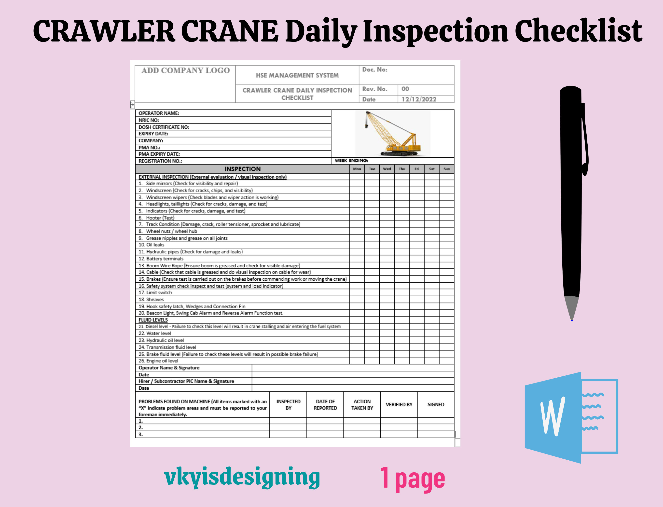 Crawler Crane Inspection Checklist Construction Checklist Crane