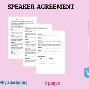 Può includere: Un documento in bianco e nero con il titolo "SPEAKER AGREEMENT" stampato in alto. Il documento è diviso in sezioni con titoli come "Speaker Agreement", "Event Details", "Compensation", "Responsibilities and Indemnification", "Travel", "Accommodation", "Event Facility", "Publicity", "Speaker's Obligations", "Insurance", "Termination", "Modifications", "Entire Agreement", "Governing Law", "Notices", "Waiver", "Severability", "Force Majeure", "Binding Effect", "Counterparts", "Attorneys' Fees", "Miscellaneous", "Signatures", e "Date".