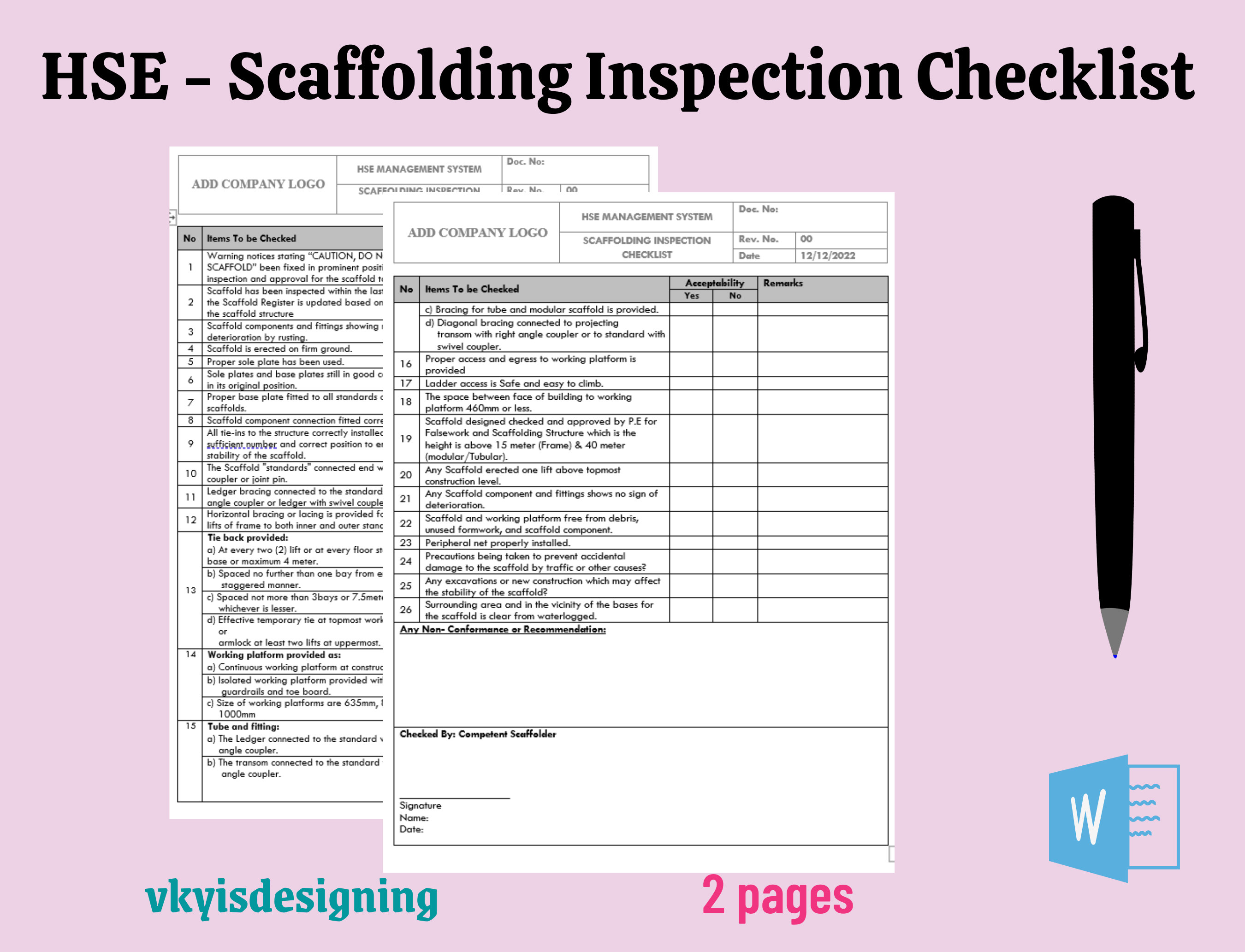 Scaffolding Inspection Checklist, Inspection Sheet, Tower Scaffold