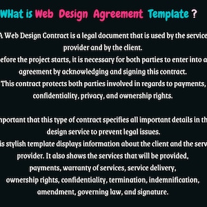 Pu&ograve; includere: Una grafica di testo in bianco e nero con il titolo "What is Web Design Agreement Template?" Il testo spiega che un contratto di web design &egrave; un documento legale utilizzato sia dal fornitore di servizi che dal cliente. Spiega anche che il contratto protegge entrambe le parti coinvolte per quanto riguarda i pagamenti, la riservatezza, la privacy e i diritti di propriet&agrave;.