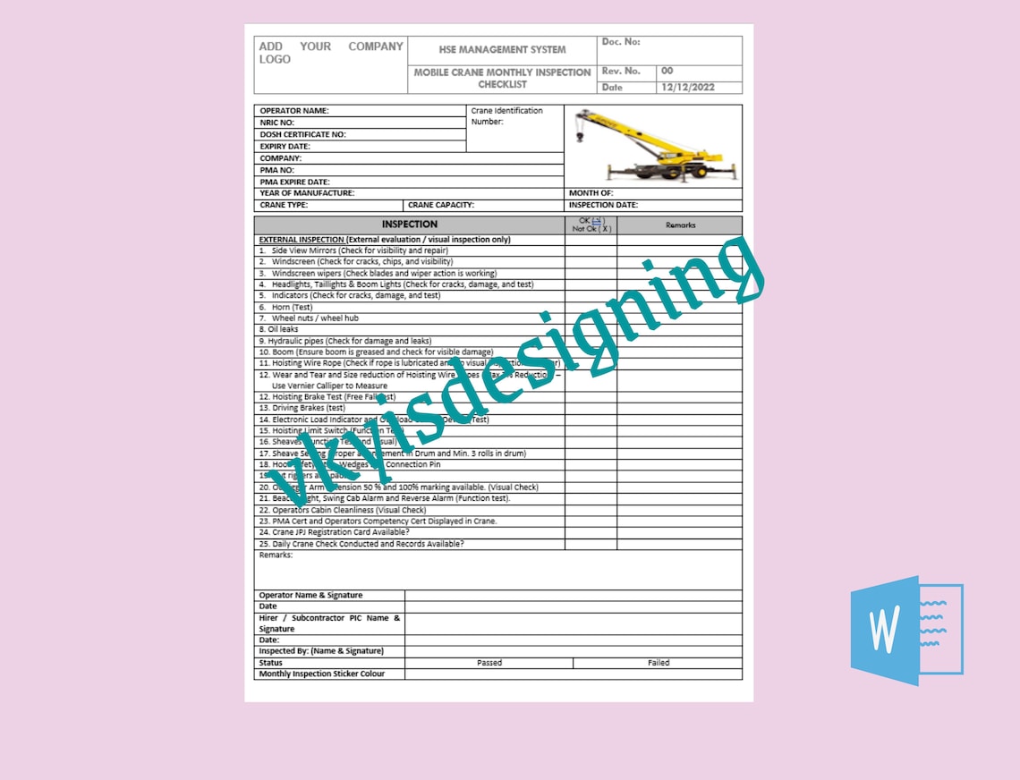 Mobile Crane Monthly Inspection Checklist, Health Safety, Machine
