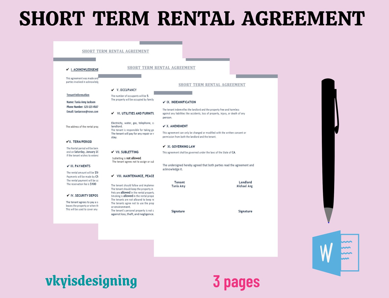 Short Term Rental Agreement, Rent Invoice, Simple Lease Agreement, Rent ...