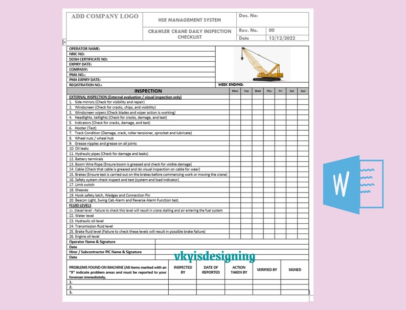 Crawler Crane Inspection Checklist Construction Checklist Crane