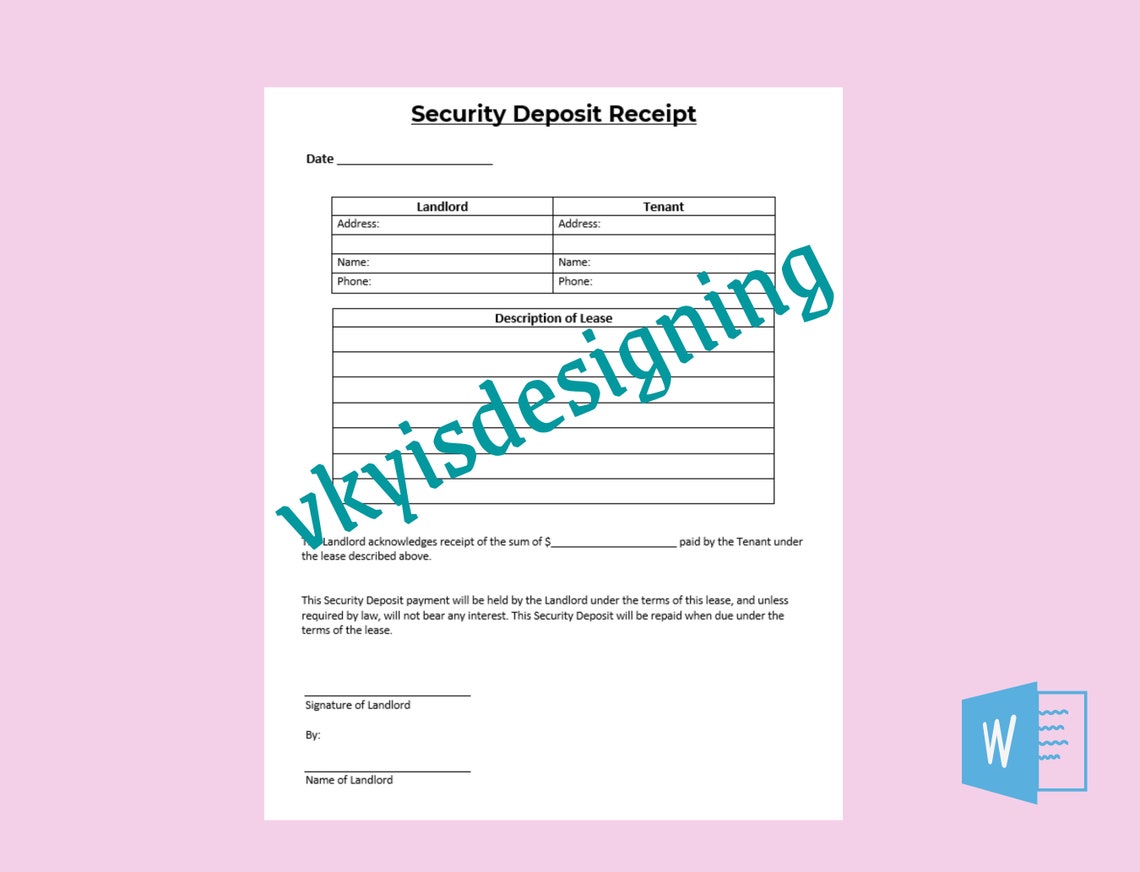 Rental Security Deposit, Deposit Receipt, Rental Deposit, Landlord Receipt, Rental Receipt ...