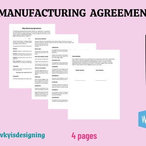May include: A four-page legal document titled "Manufacturing Agreement". The document outlines the terms and conditions of a manufacturing agreement between two parties. The document includes sections on intellectual property, termination, force majeure, and signatures.