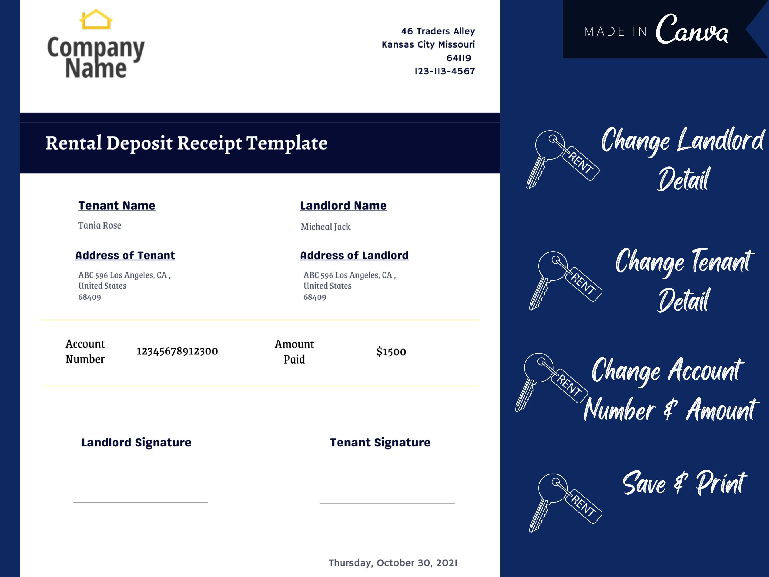 Rental Deposit & Rent Receipt Template: Landlord Forms (canva Editable ...