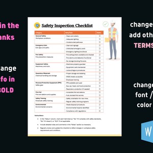 May include: A safety inspection checklist with a table listing categories and safety tasks. The checklist includes a column for status with checkboxes. The checklist is titled "Safety Inspection Checklist".