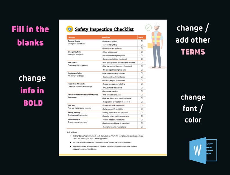 May include: A safety inspection checklist with a table listing categories and safety tasks. The checklist includes a column for status with checkboxes. The checklist is titled "Safety Inspection Checklist".