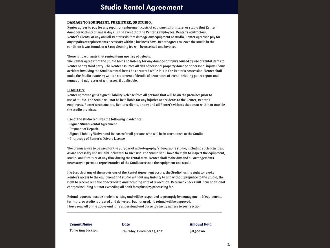 Studio Rental Agreement, Studio Contract, Photographer Contract, Studio