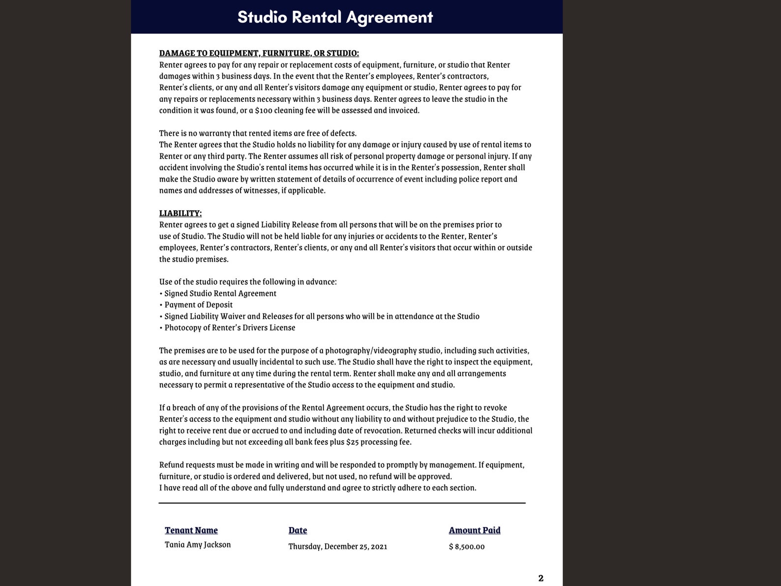 Studio Rental Agreement, Studio Contract, Photographer Contract, Studio Agreement, Dance Studio