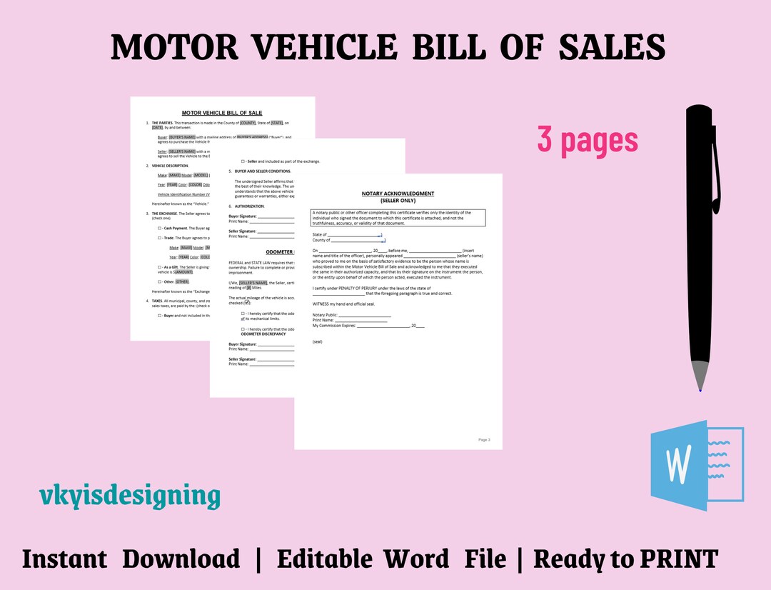 Motor Vehicle Bill of Sale, Car Bill of Sale, Motor Bill, Vehicle Bill