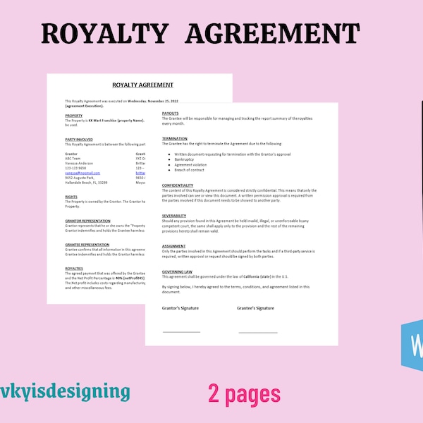 Royalty Agreement, Royalty Right, Grantor Agreement, Grantor to Grantee, Copyright Contract, Property Rights, Ownership Rights, Client Form
