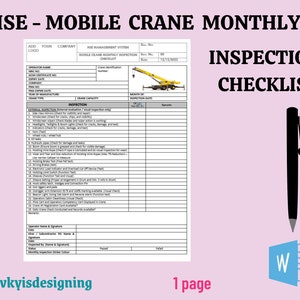 Può includere: Un modulo di controllo di ispezione mensile per gru mobili giallo con una penna nera e un'icona di Microsoft Word. Il modulo include sezioni per le informazioni dell'operatore, l'identificazione della gru, la data di ispezione e un elenco di controllo dettagliato degli elementi di ispezione esterni.