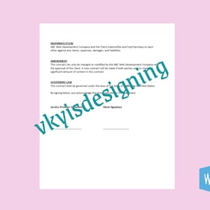 Pu&ograve; includere: Un documento legale con i titoli "Indennizzo", "Emendamento" e "Legge applicabile". Il documento include testo sull'indennizzo, l'emendamento e la legge applicabile. Il documento ha uno spazio per la firma del fornitore di servizi e la firma del cliente.