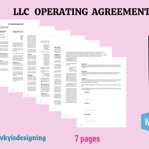 May include: A black and white document titled "LLC Operating Agreement" with the text "7 pages" at the bottom. The document is printed on white paper and is folded in half. A black pen is lying on a pink surface next to the document.