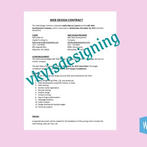 Pu&ograve; includere: Un contratto di web design tra Kathy Marron e ABC Web Development Company, datato 18 dicembre 2022. Il contratto delinea i servizi da fornire, tra cui la progettazione web, lo sviluppo, l'hosting e il supporto tecnico. Il documento include anche le informazioni di contatto di entrambe le parti.