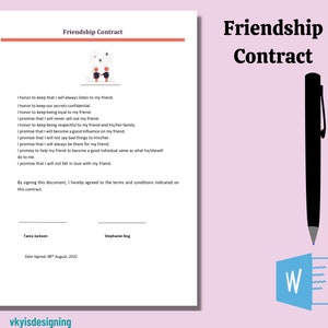 Może przedstawiać: Drukowany kontrakt przyjaźni z dwoma liniami do podpisu. Kontrakt zawiera listę obietnic, aby utrzymać silną przyjaźń. Tekst brzmi "Kontrakt przyjaźni".