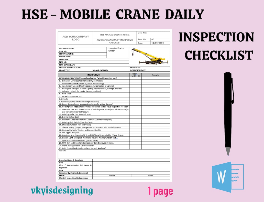 Mobile Crane Daily Inspection Checklist, Health Safety, Machine Inspection, Construction Machine