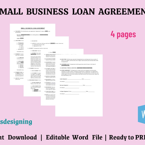 Small Business, Business Loan, Loan Agreement, Business Agreement, Editable agreement, Loan Template, Cheap Agreement, Loan Contract, Word