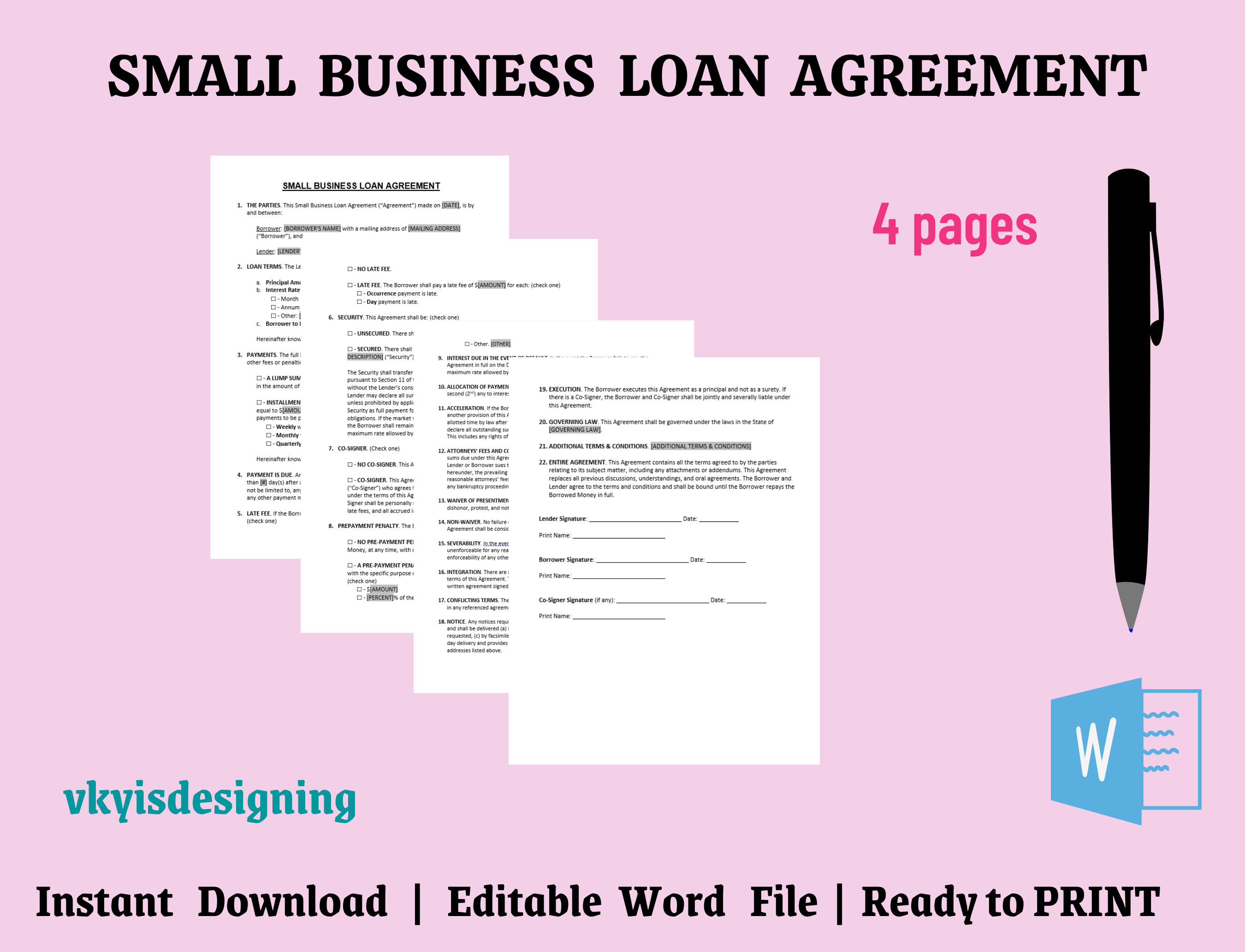Business Loan Agreement Template Editable Contract (word) Etsy