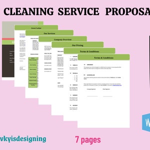 May include: A cleaning service proposal document with a cover letter, services, company overview, pricing, and terms and conditions sections. The document is 7 pages long and is formatted in a professional style with green and black accents.