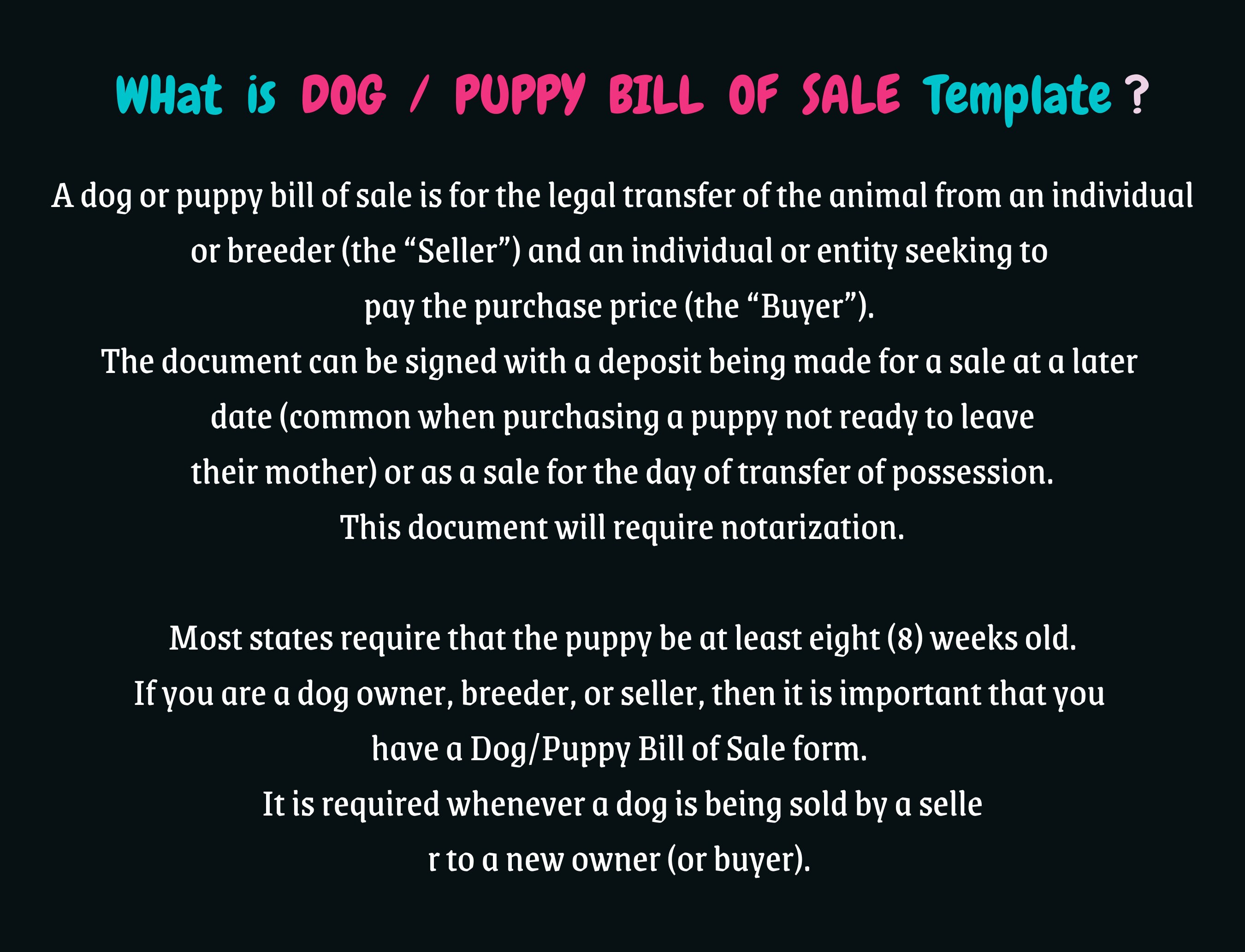 Dog Puppy Bill of Sale, Pet Bill of Sale, Puppy Agreement, Cat Selling