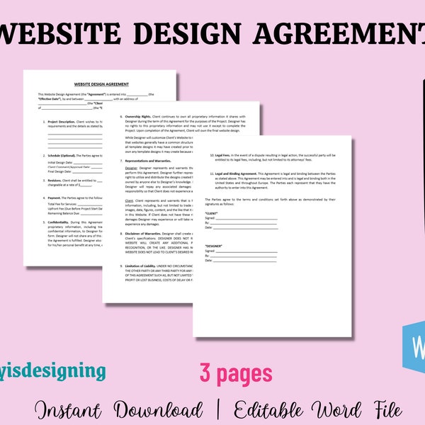 Easy to Edit Website Design Agreement, Designer Contract, Website Contract, Legal Contract, Simple Terms of Service Custom Website Design