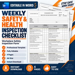 May include: A weekly safety and health inspection checklist template in A4 size, editable in Microsoft Word. The document features sections for general site safety, personal protective equipment, tools, machinery, and working at height protocols.