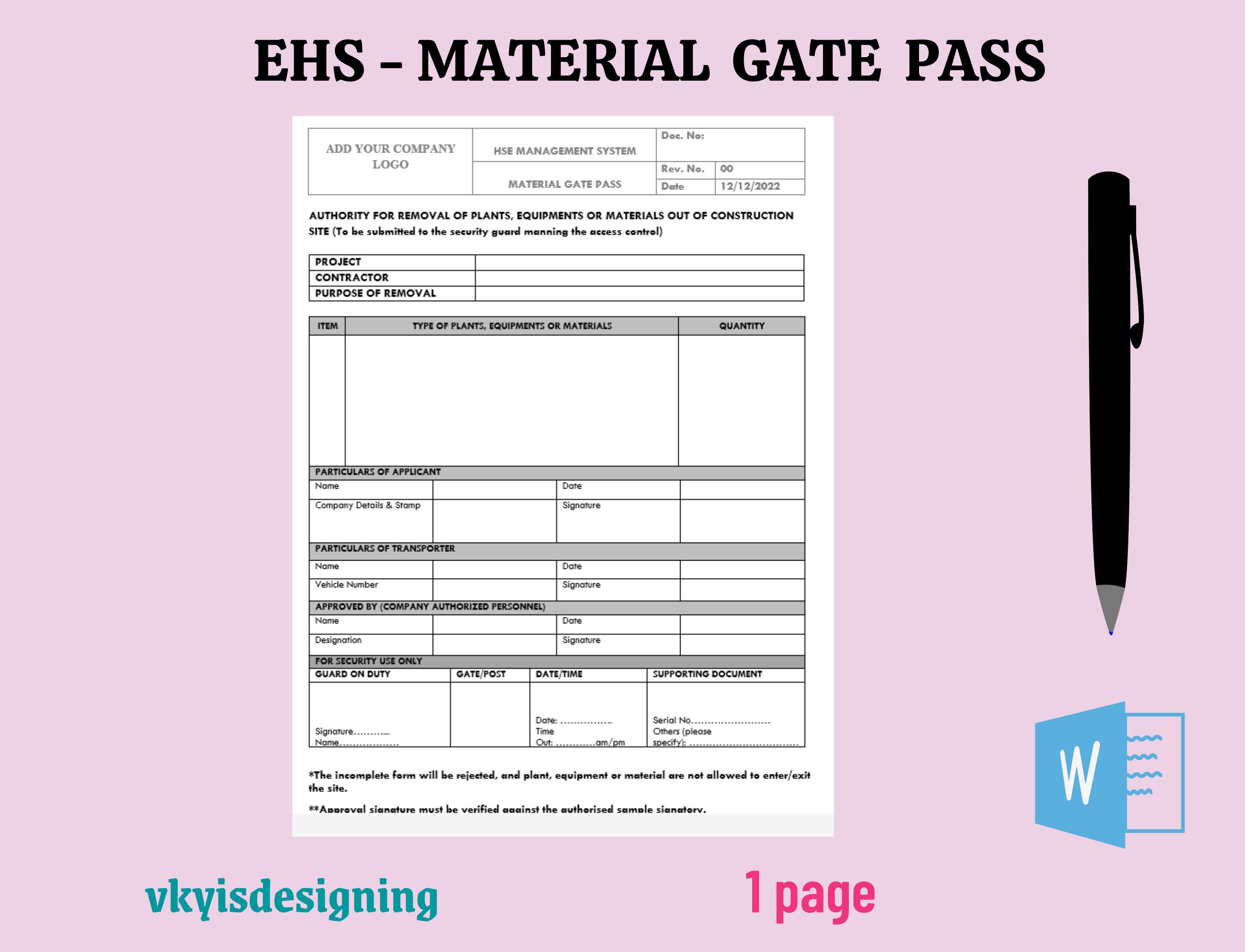 Material Gate Pass, Gate Permit, Material Tracker, Health Safety Policy