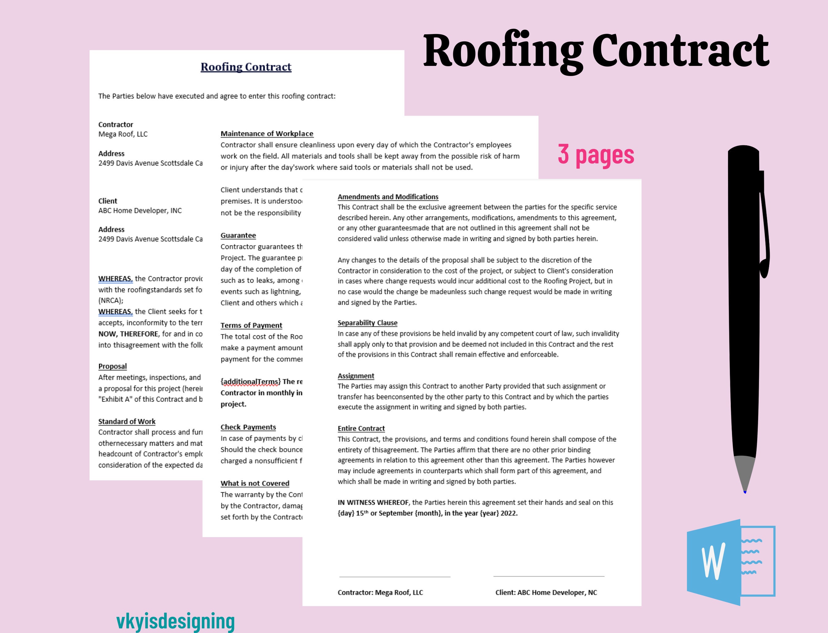 Roofing Contract Template: Editable in Microsoft Word (A4)