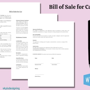 Bill of Sale for Car * Motor Vehicle Bill - Car Sale Form * Vehicle Sale Form - Automobile Sale - Bill Of Sale * After Purchase Sale Receipt